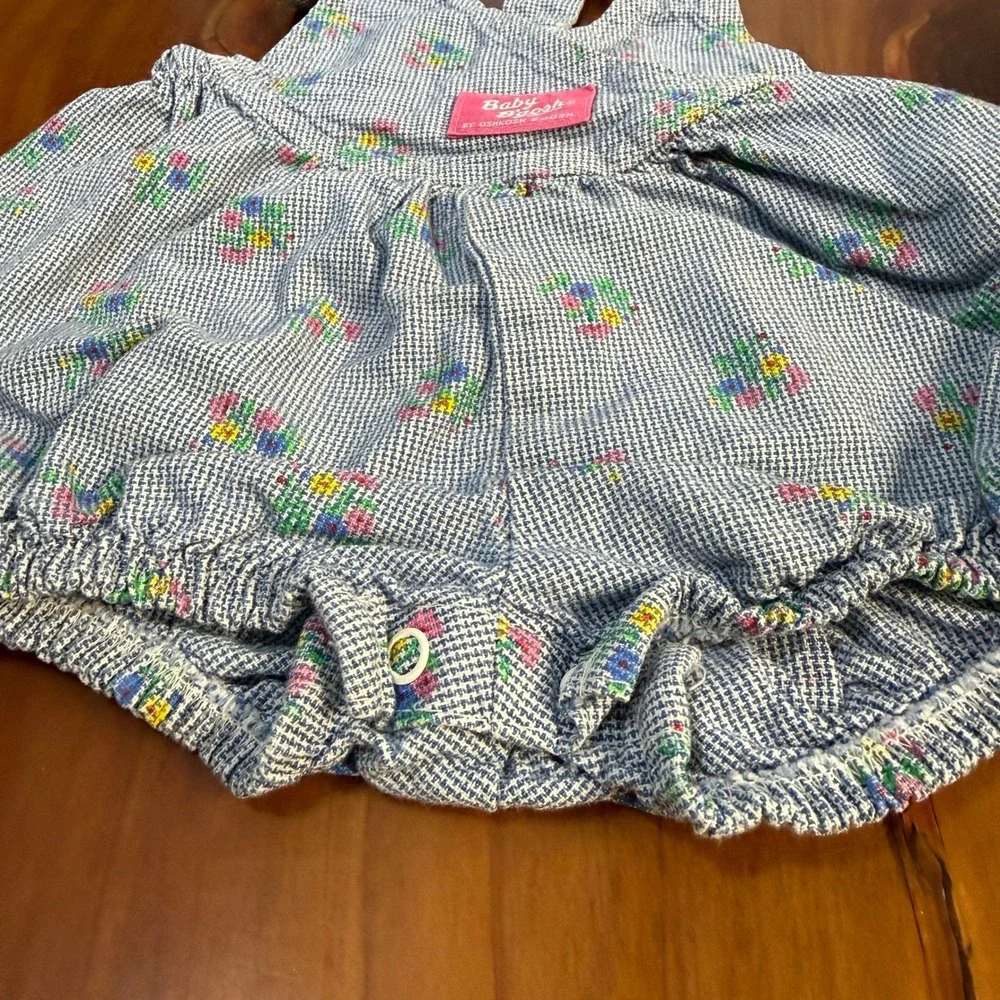 Vintage Oshkosh Overalls Denim 12M Cotton USA Floral Short Shortalls Bubble YY14